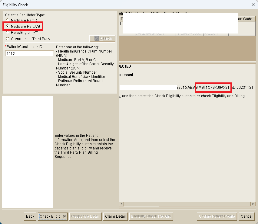 Eligibility Check screen showing where to enter the patient's last 4 SSN digits and where the returned MBI appears